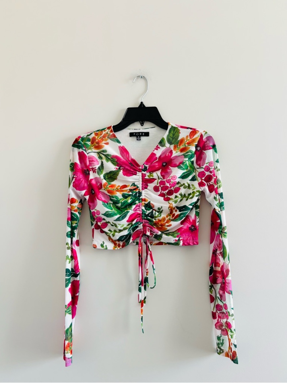 FORE Crop Top Pink Floral Long Sleeve Mesh Ruched Womens M Boho Indie 90s Garden